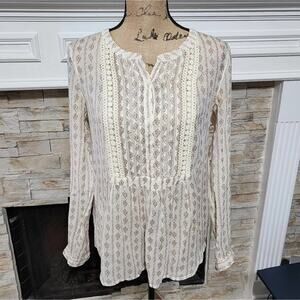 Loft cream and tan floral bibb 3/4 button front blouse‎ size small